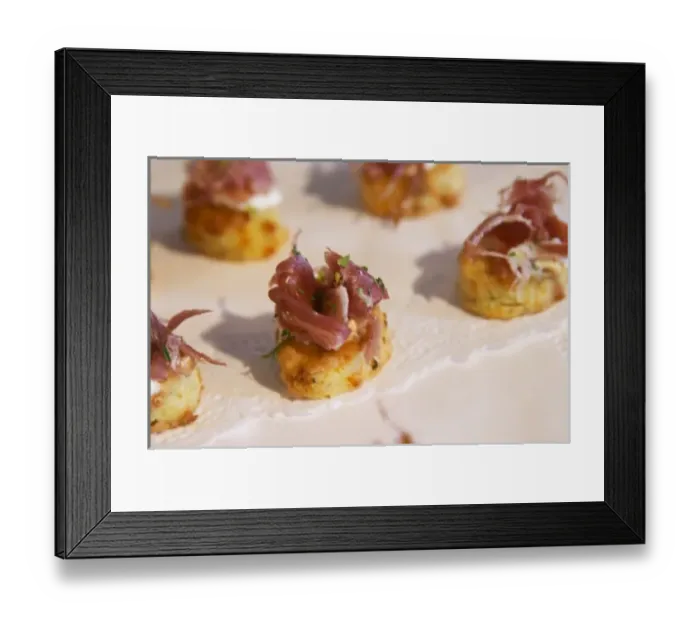 Framed Print : Appetizer: a small crutong bread with dried dry cured ham The O Farrell Restaurant Framed Print : Appetizer: a small crutong bread with dried dry cured ham The O Farrell Restaurant
