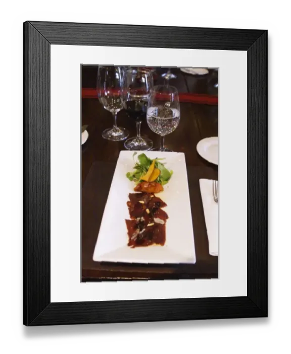 Framed Print : Carpaccio raw marinated beef with pine nuts, mache lettuce, bell pepper, fried pumpkin chips Framed Print : Carpaccio raw marinated beef with pine nuts, mache lettuce, bell pepper, fried pumpkin chips