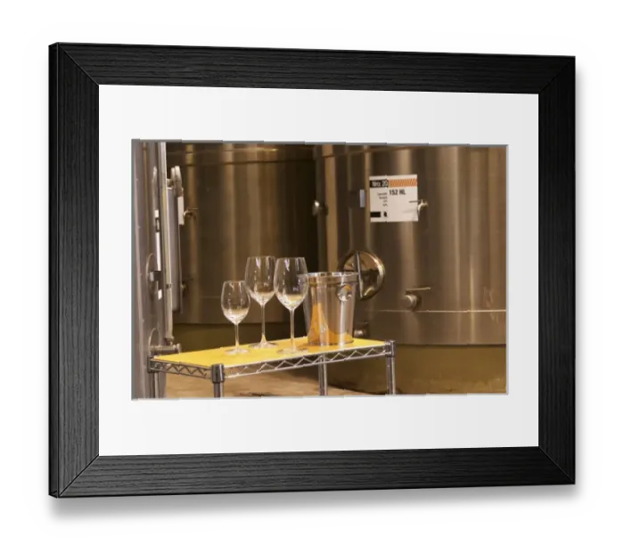 Framed Print : stainless steel tanks. wine tasting glasses ice bucket spitoon Bodega Del Anelo Winery