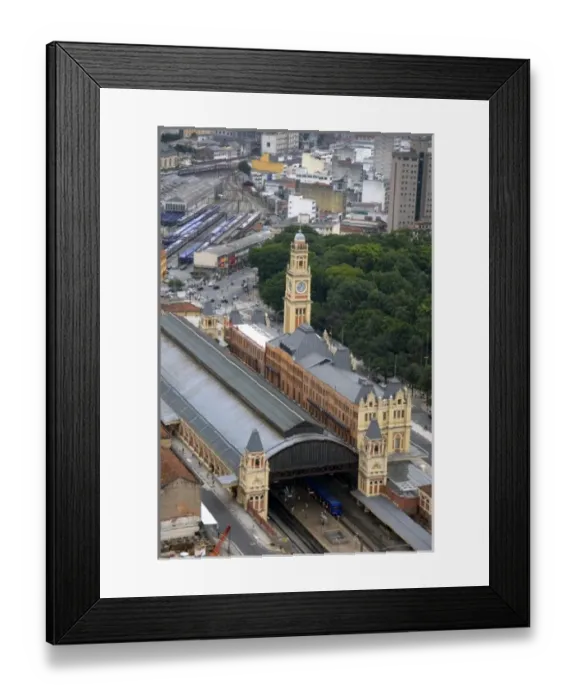 Framed Print : Aerial view of a clock tower on Estacion Luz train station in Sao Paulo, Brazil