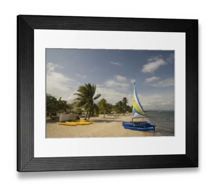 Framed Print : Hobiecat sailboat and kayaks on beach with palm trees by Caribbean Sea, Jaguar Reef Lodge Framed Print : Hobiecat sailboat and kayaks on beach with palm trees by Caribbean Sea, Jaguar Reef Lodge