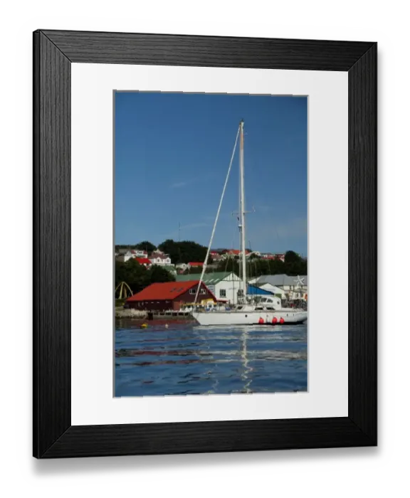 Framed Print : Falkland Island, Stanley (aka Port Stanley). Port area of Stanley. Whalebone Arch in distance