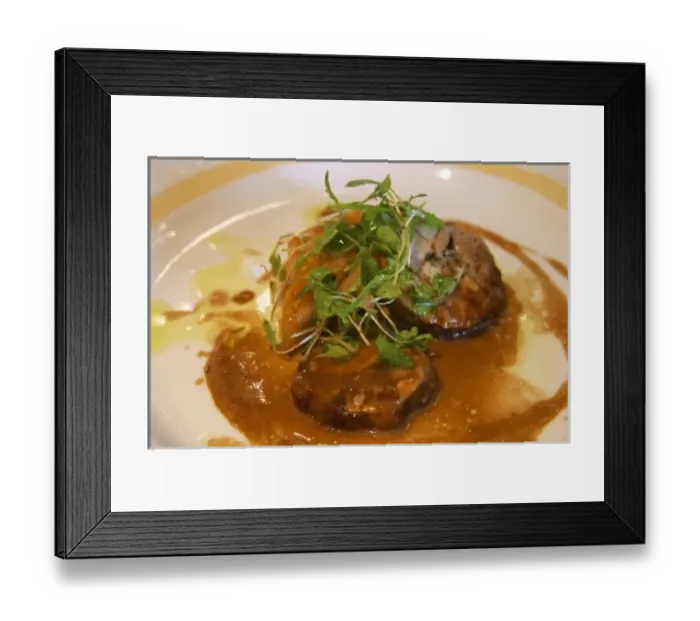 Framed Print : a dish with roast baby lamb fried triangle of polenta with water cress and tomatoe