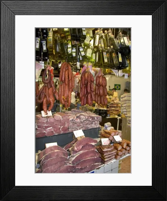 Framed Print : Cured meats, sausages, and olive oil being sold at the Mercado Municipal in Sao Paulo, Brazil Framed Print : Cured meats, sausages, and olive oil being sold at the Mercado Municipal in Sao Paulo, Brazil