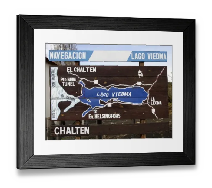 Framed Print : Argentina, Santa Cruz Province, Glaciers National Park. A road stop map at La Leona restaurant