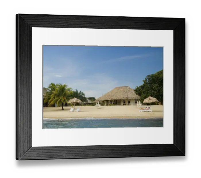Framed Print : Thatched palapas, cabana and lounge chairs on beach, viewed from Caribbean Sea, Jaguar Reef Lodge Framed Print : Thatched palapas, cabana and lounge chairs on beach, viewed from Caribbean Sea, Jaguar Reef Lodge
