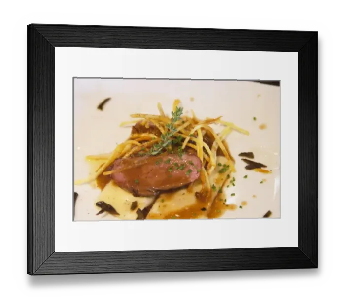Framed Print : Slices of roast ducks breast placed on top of a ravioli with angle hair, thin Framed Print : Slices of roast ducks breast placed on top of a ravioli with angle hair, thin