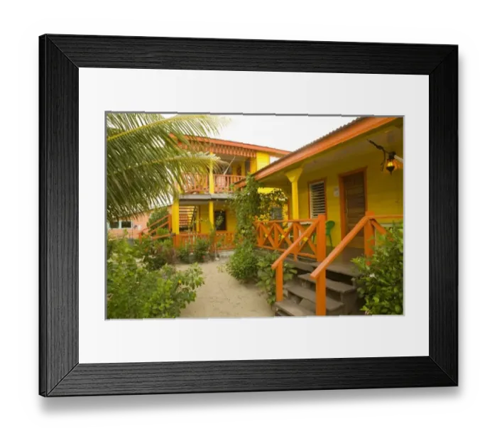 Framed Print : Beach houses and palm tree, Placencia, Stann Creek District, Belize, Central America
