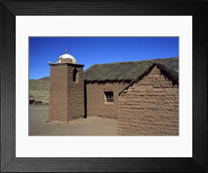 Framed Print : Bolivia, San Antonio, Bell tower on a mud brick church Framed Print : Bolivia, San Antonio, Bell tower on a mud brick church