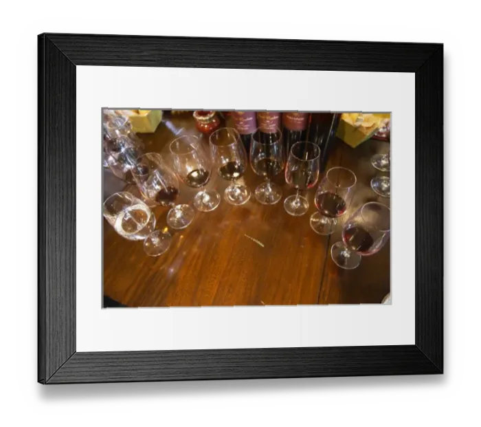 Framed Print : Glasses lined up for a vertical tasting and a branch of thyme The O Farrell Restaurant Framed Print : Glasses lined up for a vertical tasting and a branch of thyme The O Farrell Restaurant