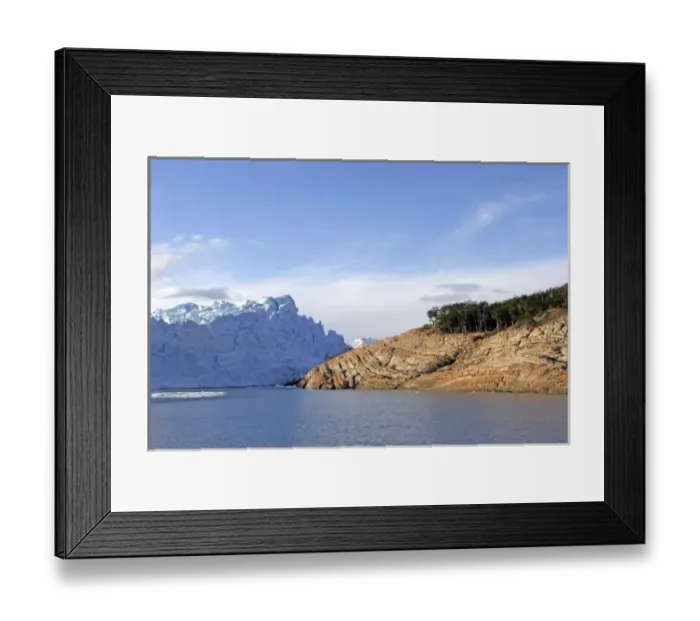 Framed Print : Patagonia Argentina. Brazo Rico lake and red rocks, Perito Moreno glacier front