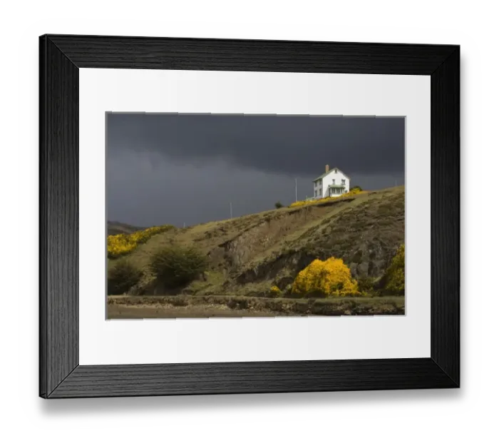 Framed Print : Port Howard Settlement. The settlement is situated at the base of Mound Maria (2