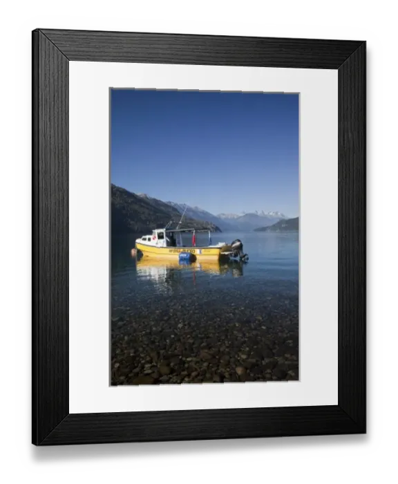 Framed Print : Argentina, Chubut Province, Lake Puelo National Park. Boat on Lago Puelo Framed Print : Argentina, Chubut Province, Lake Puelo National Park. Boat on Lago Puelo