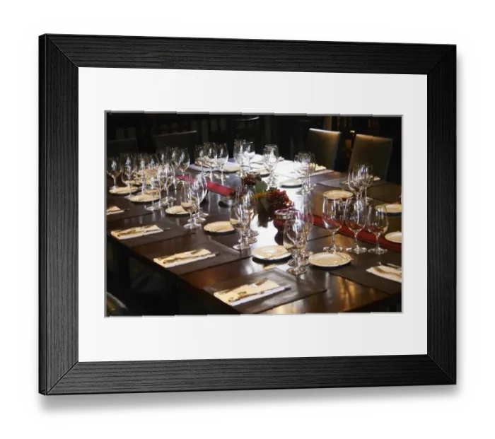 Framed Print : Table set for lunch guests with many wine glasses for tasting and knives and forks Framed Print : Table set for lunch guests with many wine glasses for tasting and knives and forks