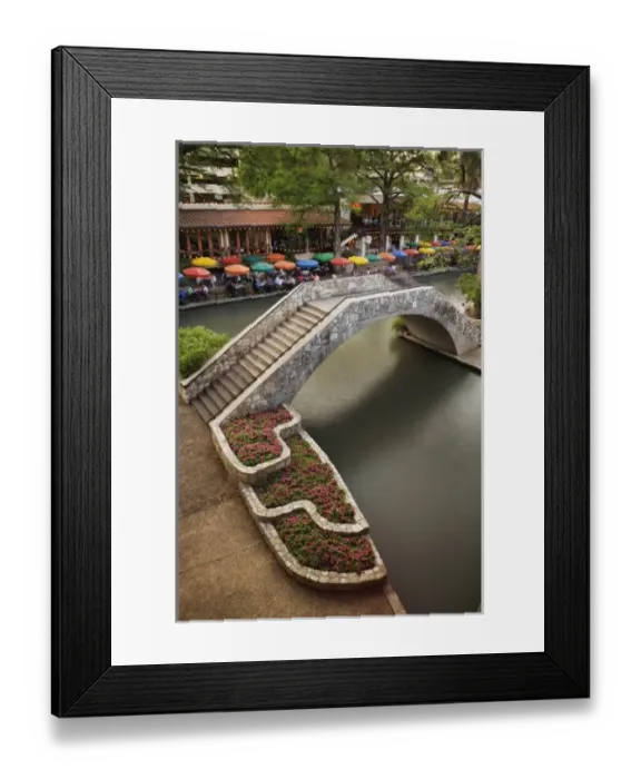 Framed Print : Outdoor cafe along River Walk and bridge over San Antonio River, San Antonio, Texas Framed Print : Outdoor cafe along River Walk and bridge over San Antonio River, San Antonio, Texas