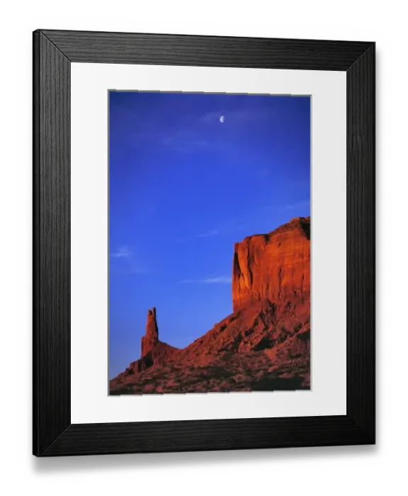 Framed Print : USA, Utah, Monument Valley. A half-moon greets the dawn near Brighams Tomb in Monument Valley Framed Print : USA, Utah, Monument Valley. A half-moon greets the dawn near Brighams Tomb in Monument Valley