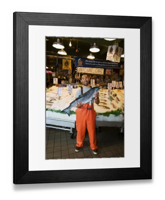 Framed Print : USA, Washington State, Seattle. Fish merchant with large Chinook or King salmon Framed Print : USA, Washington State, Seattle. Fish merchant with large Chinook or King salmon