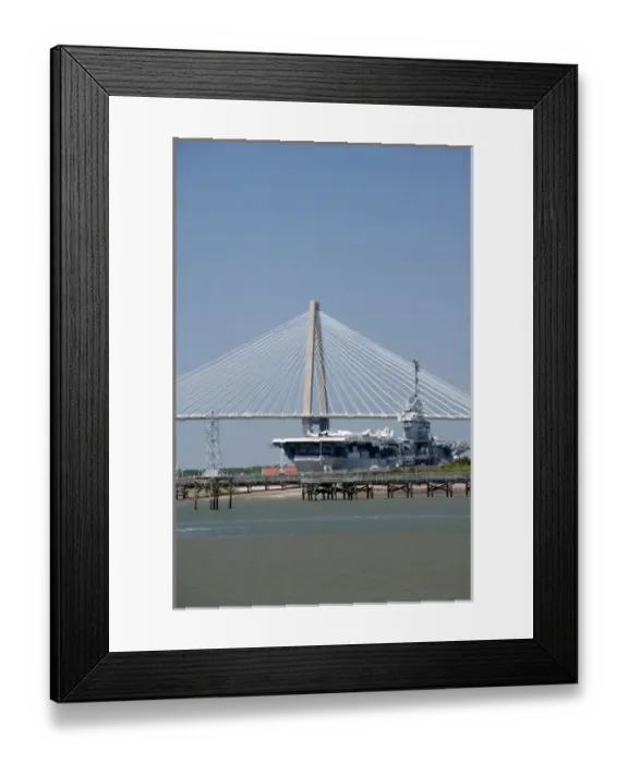 Framed Print : South Carolina, Charleston. Ravenel Bridge and Yorktown aircraft carrier, now museum