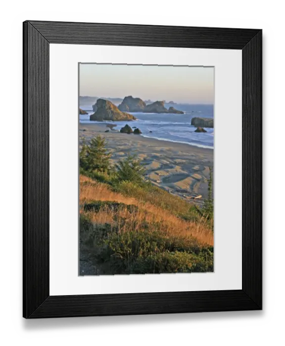 Framed Print : rocky shoreline evening lighting near Gold Beach Oregon