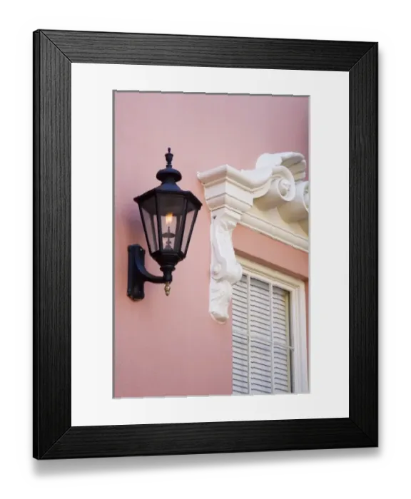 Framed Print : USA, South Carolina, Charleston. Pink house with lantern