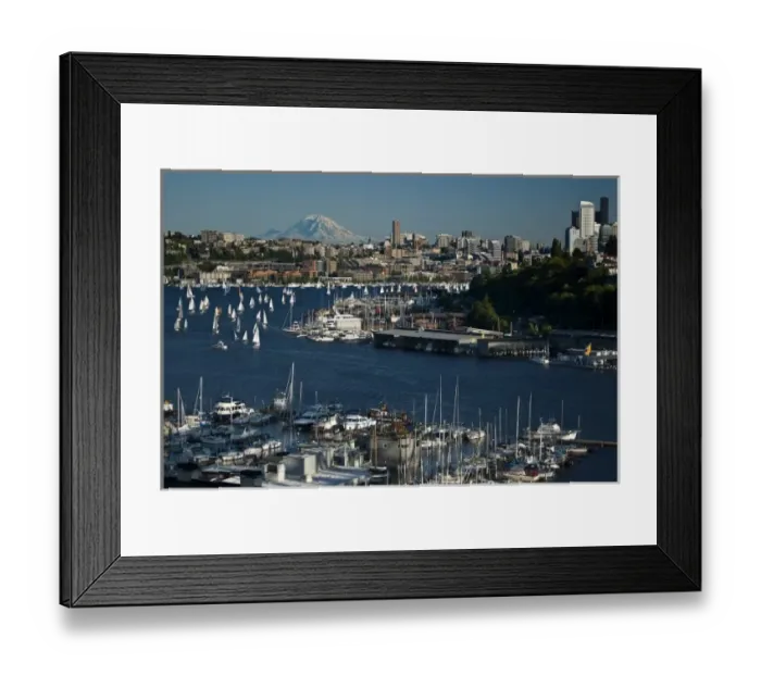 Framed Print : USA, Washington, Seattle. Cityscape with Lake Union, sailboats and Mt. Rainier Framed Print : USA, Washington, Seattle. Cityscape with Lake Union, sailboats and Mt. Rainier