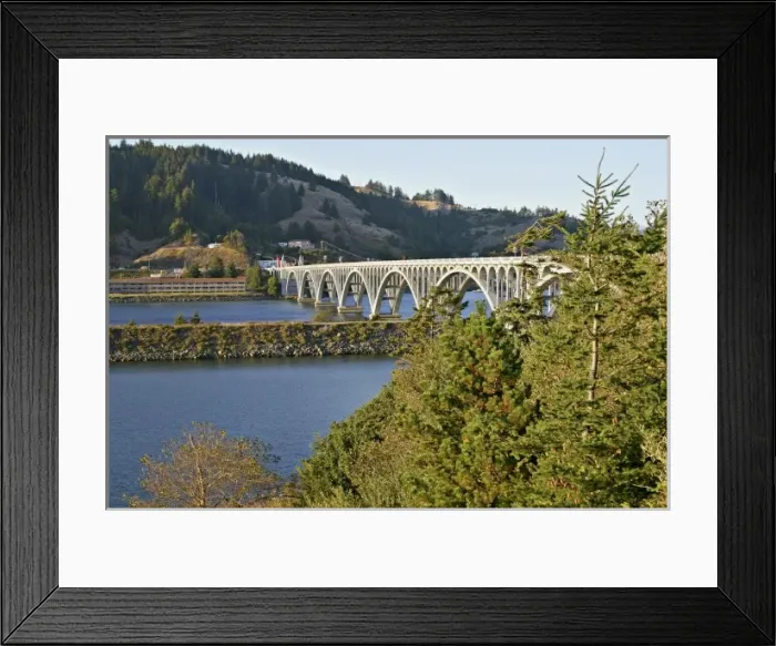 Framed Print : Patterson Memorial Bridge highway 101 over Rogue River on coast at Gold Beach Oregon