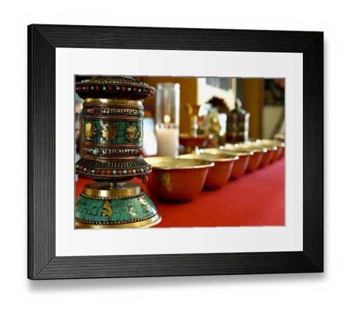 Framed Print : Santa Fe, New Mexico, USA. Tibetan ceremonial prayer wheel and bowls Framed Print : Santa Fe, New Mexico, USA. Tibetan ceremonial prayer wheel and bowls