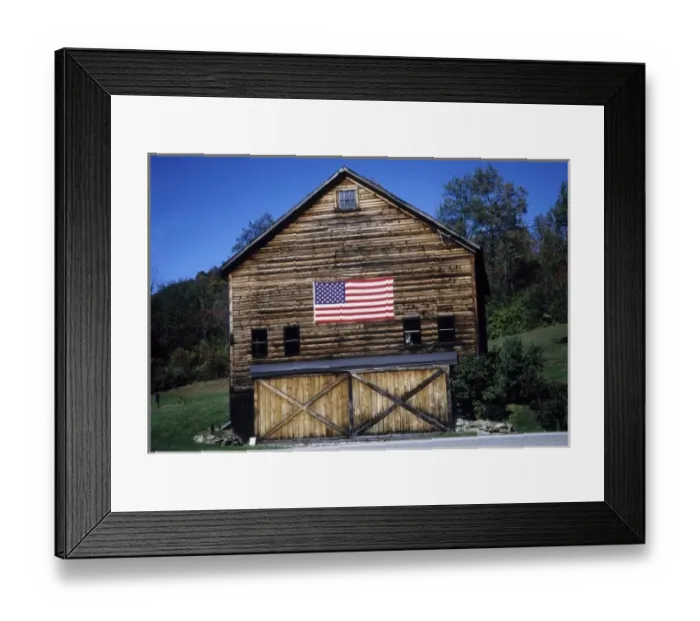 Framed Print : USA, Vermont. Log cabin with American flag on side Framed Print : USA, Vermont. Log cabin with American flag on side