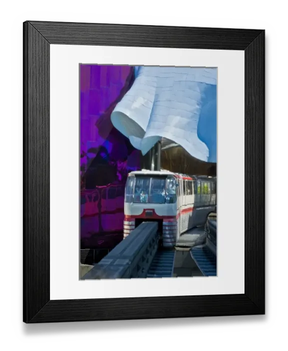 Framed Print : USA, Washington, Seattle. Monorail arrives at Seattle Center station passing through Framed Print : USA, Washington, Seattle. Monorail arrives at Seattle Center station passing through