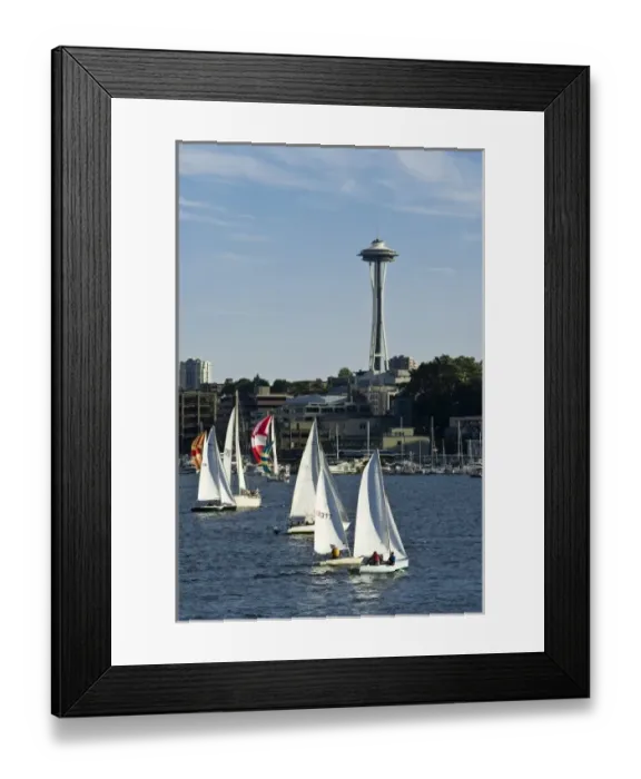 Framed Print : USA, Washington, Seattle. Duck Dodge sailboat race on Lake Union below the Space Needle Framed Print : USA, Washington, Seattle. Duck Dodge sailboat race on Lake Union below the Space Needle