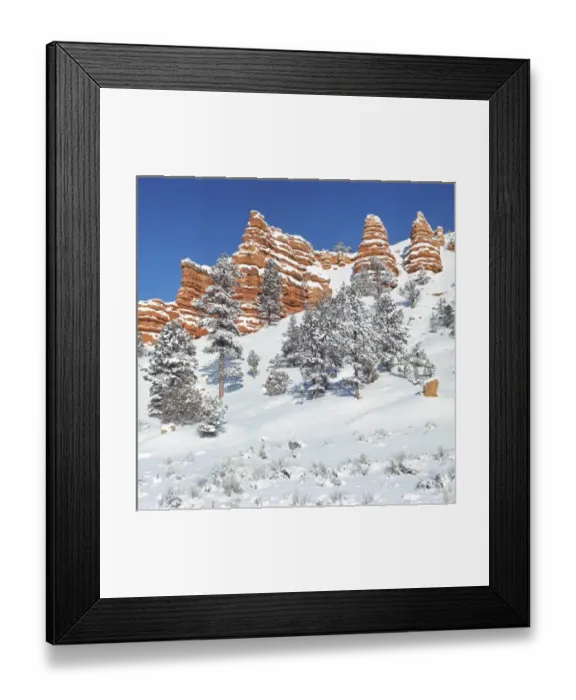 Framed Print : USA, Utah, Bryce Canyon NP. Snow-covered sandstone bluffs juts into the blue sky Framed Print : USA, Utah, Bryce Canyon NP. Snow-covered sandstone bluffs juts into the blue sky