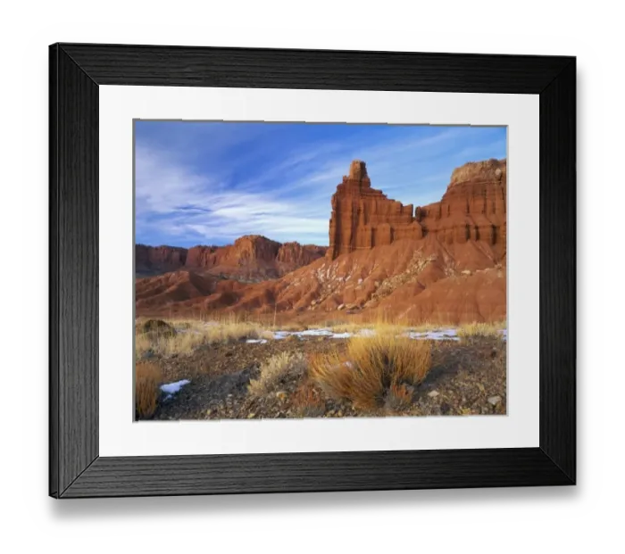 Framed Print : CAPITOL REEF NATIONAL PARK, UTAH. USA. Brush below Chimney Rock in winter. Moenkopi Framed Print : CAPITOL REEF NATIONAL PARK, UTAH. USA. Brush below Chimney Rock in winter. Moenkopi
