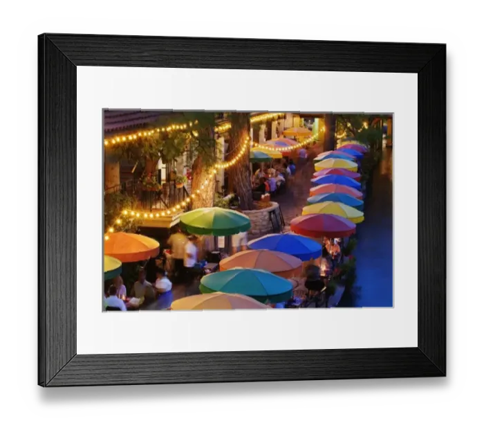 Framed Print : Colorful umbrellas of outdoor cafe along famous River Walk and San Antonio River Framed Print : Colorful umbrellas of outdoor cafe along famous River Walk and San Antonio River