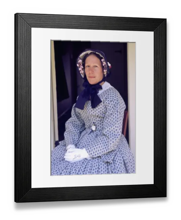 Framed Print : USA, Washington, Tacoma. Portrait of woman re-enacter in 1850s period dress & bonnet