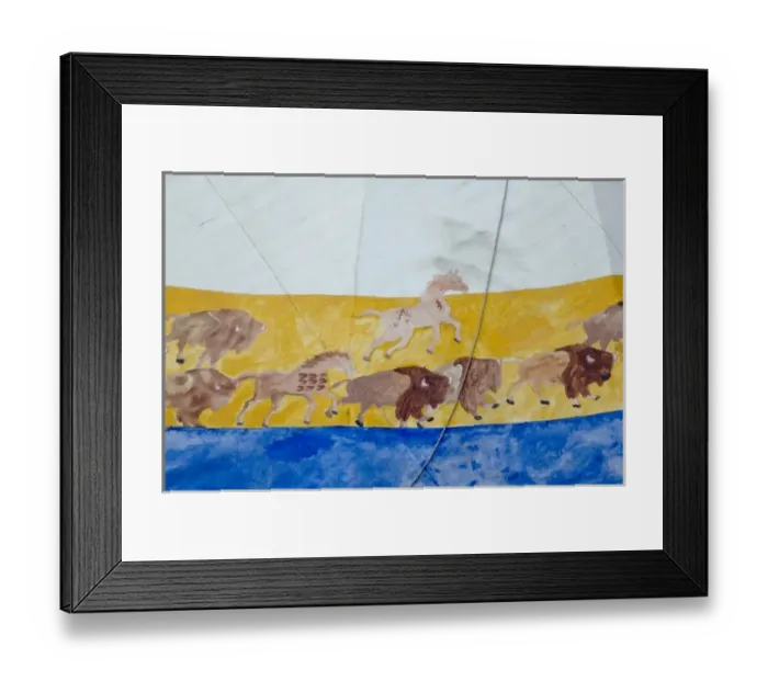 Framed Print : Painted buffalo herd and horses decorate a Lakota Sioux tepee
