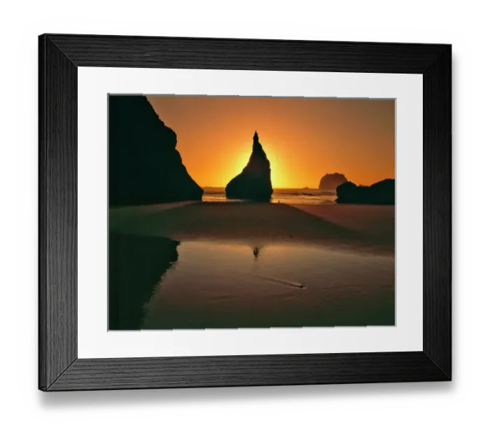Framed Print : USA, Oregon, Face Rock Wayside. Sunlight bursts from behind a sea stack at sunset