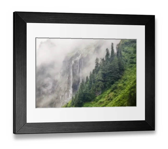Framed Print : UUSA, Washington, North Cascades National Park, Cascade River. Waterfall and fog Framed Print : UUSA, Washington, North Cascades National Park, Cascade River. Waterfall and fog