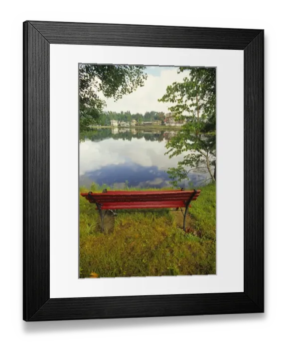 Framed Print : Red bench overlooking Flower Lake in the town of Saranac Lake in the Adirondacks