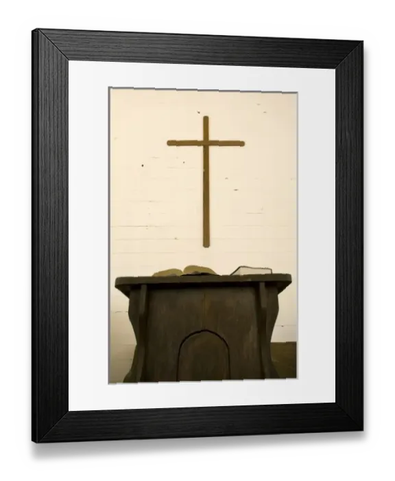 Framed Print : USA, Tennessee, Cades Cove. Cross, book and pulpit in church