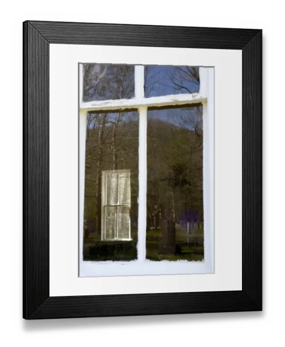 Framed Print : USA, Tennessee, Cades Cove. A window through a church window and a reflection of trees
