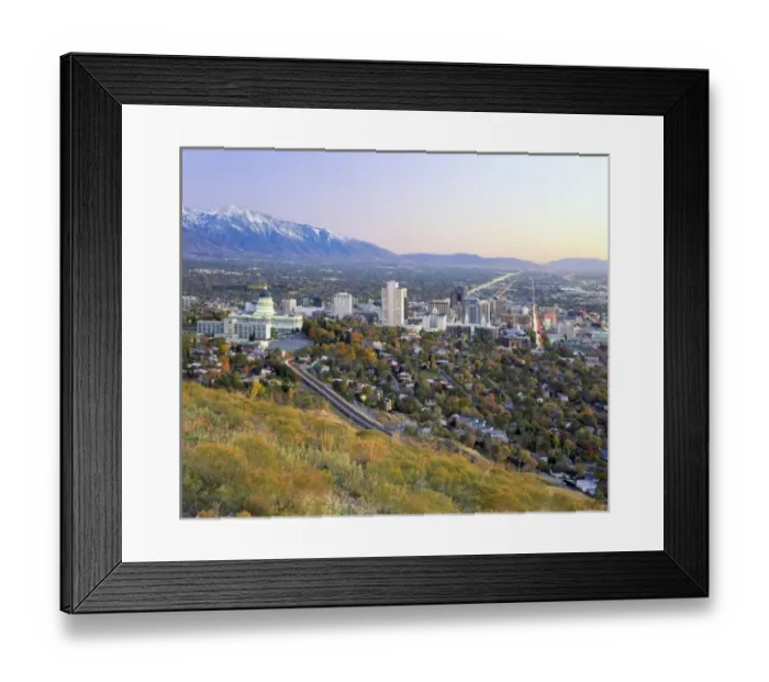 Framed Print : SALT LAKE CITY, UTAH. USA. Downtown Salt Lake City, Salt Lake Valley, & Wasatch Mountains