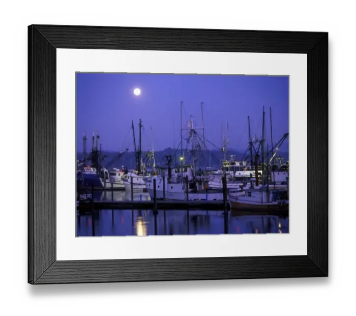 Framed Print : Moon rise over fishing boats in Newport harbor, Oregon Framed Print : Moon rise over fishing boats in Newport harbor, Oregon