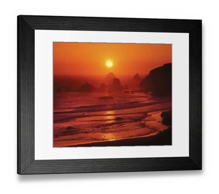 Framed Print : USA, Oregon, Curry County. Sunset on shoreline viewed from Rainbow Rock Lookout