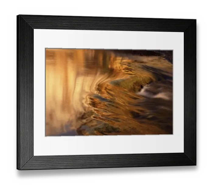Framed Print : USA, Washington, Manastash River. Golden autumn reflections and patterns on river water