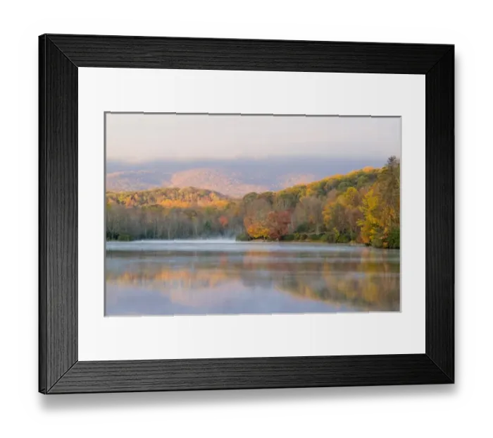 Framed Print : Grandfather Mountain lights up at sunrise as Price Lake reflects fall colors near Framed Print : Grandfather Mountain lights up at sunrise as Price Lake reflects fall colors near