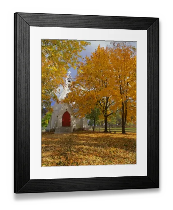 Framed Print : USA, Oregon, Cove. Ascension Chapel surrounded by autumn color