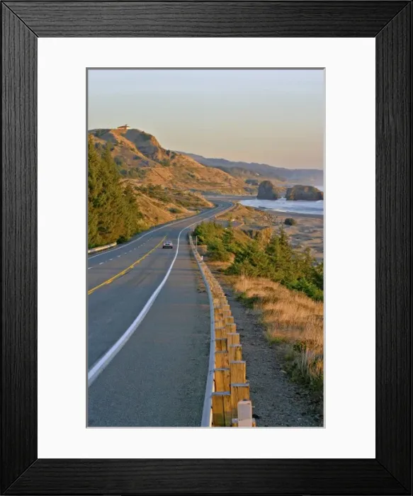 Framed Print : evening lighting car on highway 101 near Gold Beach Oregon