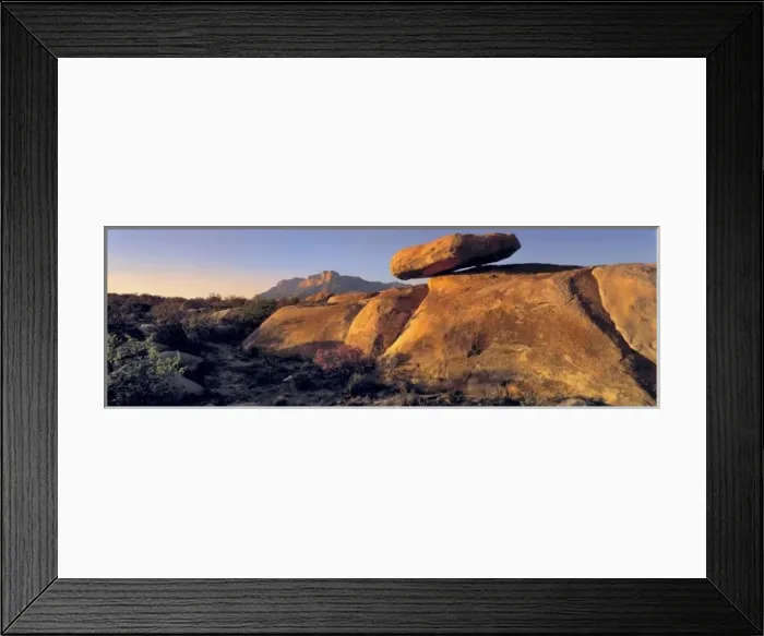 Framed Print : USA, Texas, Guadelupe Mountains NP. Sunset warms a balanced rock near Guadelupe Mountains