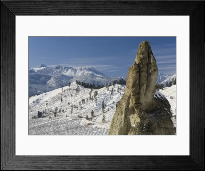 Framed Print : USA, Washington, Peshastin Pinnacles State Park. Jutting rock towers above wintry orchard Framed Print : USA, Washington, Peshastin Pinnacles State Park. Jutting rock towers above wintry orchard