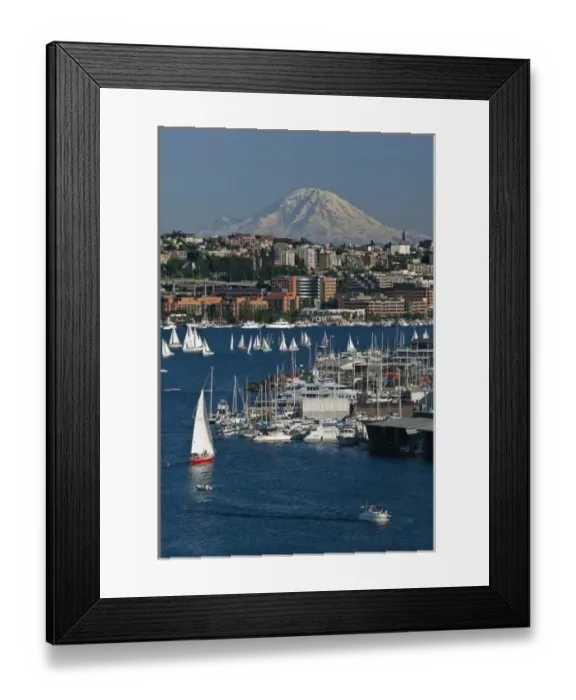 Framed Print : USA, Washington, Seattle. Summer cityscape features Lake Union, sailboats and Mt